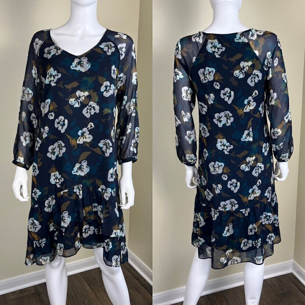 Cabi Women's Size S Blue Floral Sheer Pirouetee Drop Waist Teired Midi Dress